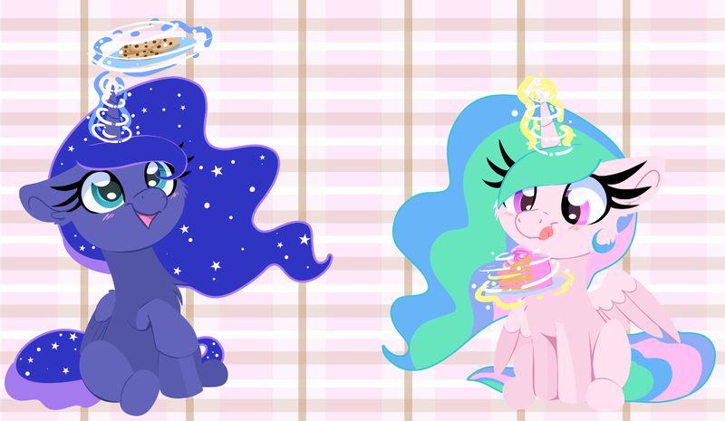 Size: 1642x954 | Tagged: safe, artist:littleblackraencloud, derpibooru import, princess celestia, princess luna, alicorn, pony, abstract background, cake, cakelestia, cewestia, cookie, duo, female, filly, foal, food, image, magic, png, smiling, telekinesis, tongue out, woona, younger