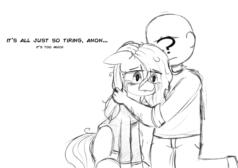 Size: 3508x2480 | Tagged: artist needed, safe, derpibooru import, oc, oc:anon, oc:floor bored, unofficial characters only, earth pony, human, pony, /mlp/, 4chan, clothes, crying, dialogue, female, holding a pony, hoodie, hug, image, kneeling, mare, monochrome, pants, png, sad, shirt, sitting