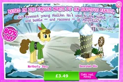 Size: 1960x1298 | Tagged: safe, derpibooru import, official, budding pine, earth pony, pony, advertisement, bush, clothes, costs real money, elf costume, english, gameloft, hat, image, jpeg, male, numbers, sale, silo, snow, solo, solo focus, stallion, text