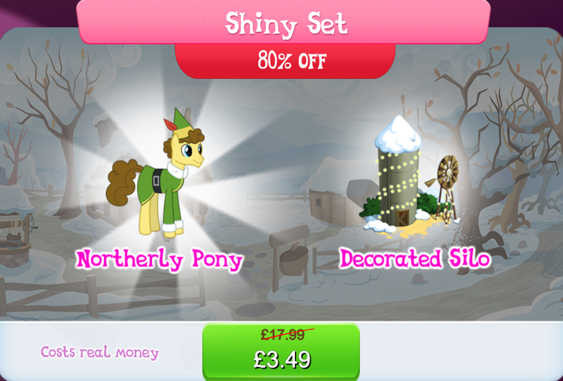 Size: 1264x854 | Tagged: safe, derpibooru import, official, budding pine, earth pony, pony, bundle, bush, clothes, costs real money, elf costume, english, gameloft, hat, image, jpeg, male, numbers, sale, silo, snow, solo, solo focus, stallion, text