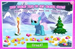 Size: 1964x1295 | Tagged: safe, derpibooru import, idw, official, winter comet, earth pony, pony, bush, christmas, christmas tree, clothes, coin, english, gameloft, gem, holiday, idw showified, image, jpeg, mobile game, snow, streetlight, sweater, text, tree