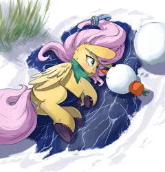 Size: 2480x2584 | Tagged: safe, artist:i love hurt, derpibooru import, fluttershy, pegasus, pony, alone, background, clothes, face to face, female, g4, image, mare, png, scarf, snowman, winter