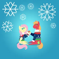 Size: 2160x2160 | Tagged: safe, anonymous artist, derpibooru import, big macintosh, fluttershy, oc, oc:late riser, earth pony, pegasus, pony, series:fm holidays, series:hearth's warming advent calendar 2022, advent calendar, baby, baby pony, christmas, christmas sweater, clothes, colt, family, female, fluttermac, foal, high res, holding a pony, holiday, image, lineless, looking at you, male, mare, offspring, parent:big macintosh, parent:fluttershy, parents:fluttermac, png, pointy ponies, shipping, sitting, smiling, smiling at you, snow, snowflake, stallion, straight, sweater