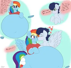 Size: 4000x3800 | Tagged: suggestive, artist:astrum, derpibooru import, rainbow dash, soarin', pegasus, pony, semi-anthro, abstract background, arm behind head, belly, belly button, big belly, blushing, chest fluff, clothes, crying, dialogue, digital art, eyes closed, fat, feedee, feeder, female, front view, heart, high res, hoof on belly, hoof on chest, huge belly, image, kiss on the cheek, kissing, male, onomatopoeia, png, rainblob dash, round belly, shipping, shirt, smiling, soarindash, spread wings, stomach noise, straight, stuffed belly, t-shirt, talking, tears of joy, thighs, thunder thighs, tubby wubby pony waifu, voluptudash, wavy mouth, wide hips, wings