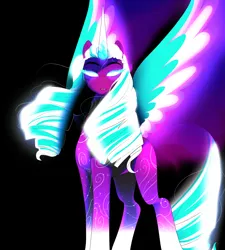 Size: 2284x2535 | Tagged: safe, artist:aztrial, derpibooru import, opaline, alicorn, pony, my little pony: make your mark, my little pony: make your mark chapter 2, spoiler:g5, spoiler:my little pony: make your mark, black background, dragonfire, female, g5, glow, glowing eyes, glowing horn, high res, horn, image, magic, mare, markings, png, simple background, solo