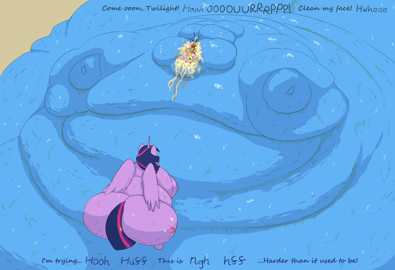 Size: 3216x2200 | Tagged: questionable, artist:lupin quill, derpibooru import, trixie, twilight sparkle, twilight sparkle (alicorn), alicorn, pony, unicorn, series:secrets among sorcerers (weight gain), bedroom eyes, belly, belly bed, belly button, big belly, bingo wings, blob, butt, cellulite, chubby cheeks, dialogue, fat, fat fetish, feedee, feeder, female, fetish, huge belly, huge butt, image, immobile, impossibly large belly, impossibly large butt, large butt, lesbian, magic, messy eating, morbidly obese, obese, open mouth, panting, plot, png, rolls of fat, shipping, simple background, slob, sweat, sweatdrop, telekinesis, the ass was fat, the great and bountiful trixie, the great and powerful ass, twilard sparkle, twilight burgkle, twixie, underhoof, weight gain, weight gain sequence, wings