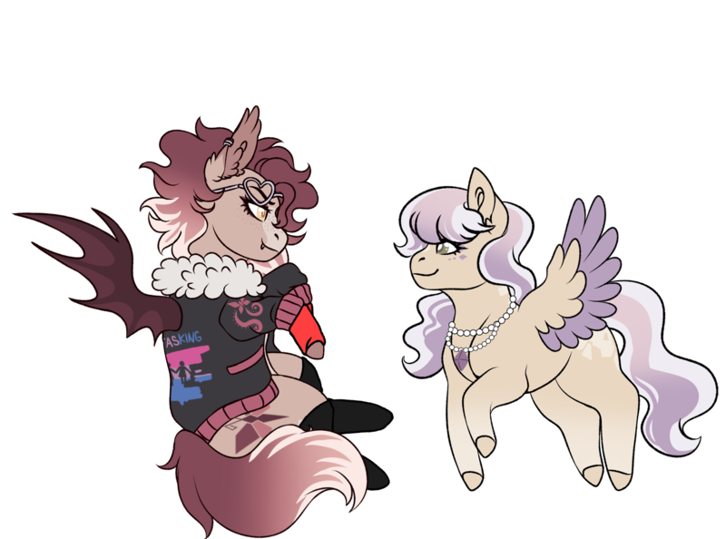 Size: 2701x2007 | Tagged: safe, artist:malinraf1615, derpibooru import, oc, oc:amaranthine, oc:quinn, unofficial characters only, bat pony, pegasus, pony, derpibooru community collaboration, 2023 community collab, bat pony oc, bat wings, bisexual pride flag, chibi, clothes, duo, ear fluff, ear piercing, earring, eyeshadow, fangs, female, fingerless gloves, freckles, gloves, image, jacket, jewelry, leather, leather jacket, looking at each other, looking at someone, makeup, mare, markings, necklace, piercing, png, pride, pride flag, raised hoof, simple background, sitting, socks, stockings, sunglasses, thigh highs, transparent background, unshorn fetlocks, wings