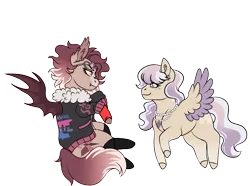 Size: 2701x2007 | Tagged: safe, artist:malinraf1615, derpibooru import, oc, oc:amaranthine, oc:quinn, unofficial characters only, bat pony, pegasus, pony, derpibooru community collaboration, 2023 community collab, bat pony oc, bat wings, bisexual pride flag, chibi, clothes, duo, ear fluff, ear piercing, earring, eyeshadow, fangs, female, fingerless gloves, freckles, gloves, image, jacket, jewelry, leather, leather jacket, looking at each other, looking at someone, makeup, mare, markings, necklace, piercing, png, pride, pride flag, raised hoof, simple background, sitting, socks, stockings, sunglasses, thigh highs, transparent background, unshorn fetlocks, wings