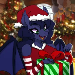 Size: 2000x2000 | Tagged: safe, artist:kennzeichen, derpibooru import, oc, oc:halfmoon, unofficial characters only, anthro, bat pony, bat pony oc, bat wings, christmas, christmas lights, christmas tree, clothes, excited, happy, hat, holiday, image, png, present, ribbon, santa hat, solo, tree, wings