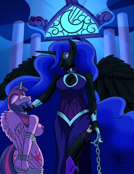 Size: 1188x1536 | Tagged: questionable, artist:quakehoof, derpibooru import, nightmare moon, twilight sparkle, twilight sparkle (alicorn), alicorn, anthro, the cutie re-mark, alternate timeline, arm behind back, bad end, bondage, breasts, busty twilight sparkle, chains, clothed female nude female, clothes, collar, dress, duo, female, hand on chin, horn, horn ring, image, jewelry, magic suppression, nightmare takeover timeline, png, ring, sideboob, victorious villain