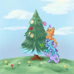 Size: 4096x4096 | Tagged: safe, artist:felldeal, derpibooru import, earth pony, pegasus, pony, unicorn, series:daily drawing december, christmas, g5, glory (g5), glow, glowing horn, holiday, horn, image, jpeg, magic, peach fizz, pippsqueak trio, seashell (g5), telekinesis, tree, trio