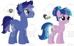 Size: 740x459 | Tagged: safe, artist:gaines, derpibooru import, oc, oc:dark decade, oc:twilight century, unofficial characters only, pegasus, pony, brother and sister, cutie mark, duo, duo male and female, female, image, male, mare, obtrusive watermark, offspring, old art, parent:flash sentry, parent:twilight sparkle, parents:flashlight, pegasus oc, png, siblings, simple background, stallion, toyhouse, toyhouse watermark, watermark, white background, wings