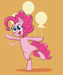 Size: 1536x1819 | Tagged: safe, artist:feralroku, derpibooru import, pinkie pie, earth pony, pony, bipedal, blushing, image, open mouth, png, simple background, smiling, solo, standing, standing on one leg, waving, yellow background
