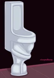 Size: 770x1100 | Tagged: safe, artist:stoopedhooy, derpibooru import, king sombra, unicorn, bondage, encasement, image, implied princess cadance, living toilet, offscreen character, png, stuck, the crystal empire 10th anniversary, through wall, toilet, tongue out, urinal