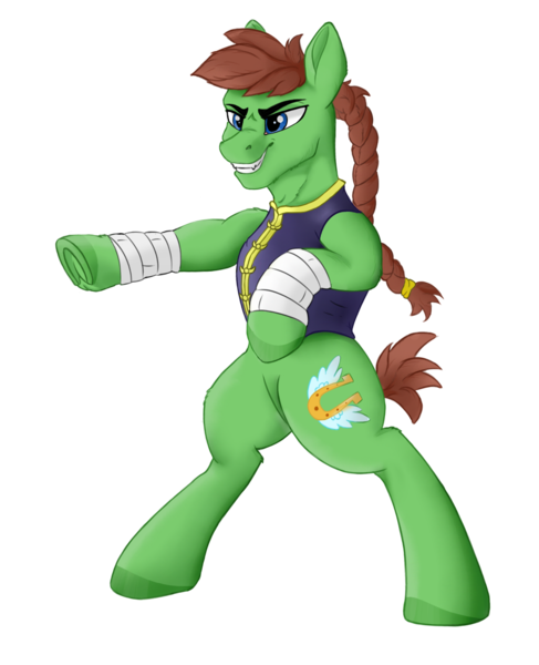 Size: 1299x1600 | Tagged: safe, artist:uberponya, derpibooru import, oc, oc:swift stride, unofficial characters only, earth pony, pony, derpibooru community collaboration, 2023 community collab, boxing, braid, braided ponytail, clothes, image, leg wraps, male, png, ponytail, simple background, smiling, solo, sports, stallion, transparent background, vest