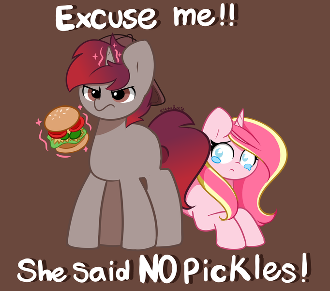 Size: 3850x3386 | Tagged: safe, artist:kittyrosie, derpibooru import, oc, oc:rosa flame, unofficial characters only, pony, unicorn, angry, backwards ballcap, baseball cap, burger, cap, dialogue, food, hamburger, hat, image, levitation, magic, pickle, png, shy, teary eyes, telekinesis