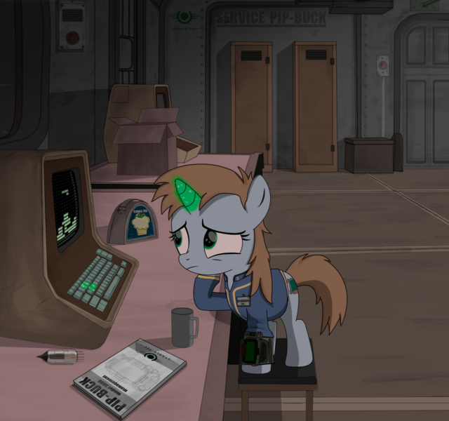 Size: 2186x2048 | Tagged: safe, artist:dddromm, derpibooru import, oc, oc:littlepip, unofficial characters only, pony, unicorn, fallout equestria, clothes, computer, fanfic art, female, filly, filly littlepip, image, jumpsuit, magic, pipbuck, png, solo, stable 2, stable tec, telekinesis, terminal, tetris, vault suit, yearling