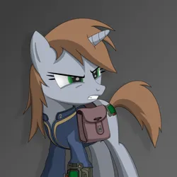 Size: 2000x2000 | Tagged: safe, artist:dddromm, derpibooru import, oc, oc:littlepip, unofficial characters only, pony, unicorn, fallout equestria, angry, bag, clothes, female, image, jumpsuit, mare, pipbuck, png, saddle bag, solo, vault suit, wip