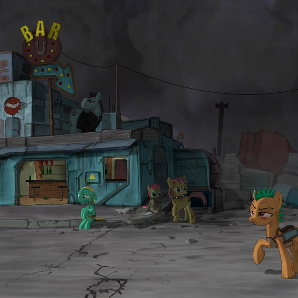 Size: 2000x2000 | Tagged: safe, artist:dddromm, derpibooru import, oc, oc:littlepip, unofficial characters only, earth pony, pony, unicorn, fallout equestria, bandage, bar, bomb collar, collar, fanfic art, female, filly, foal, high res, image, male, mare, old appleloosa, png, power line, slave, slaver, stallion