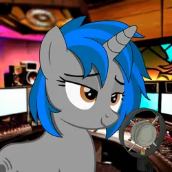 Size: 2000x2000 | Tagged: safe, artist:dddromm, derpibooru import, oc, oc:homage, unofficial characters only, pony, unicorn, fallout equestria, bedroom eyes, female, high res, image, irl, mare, microphone, photo, png, ponies in real life, real life background, smiling, solo