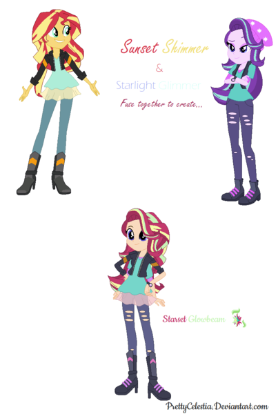 Size: 826x1230 | Tagged: safe, artist:prettycelestia, starlight glimmer, sunset shimmer, equestria girls, boots, clothes, fusion, high heel boots, image, jacket, jeans, pants, png, shoes, watch