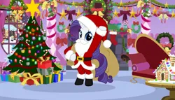 Size: 1024x585 | Tagged: artist needed, safe, derpibooru import, rarity, pony, unicorn, bell, belt, bipedal, boots, bow, candy, candy cane, carousel boutique, chimney, christmas, christmas decoration, christmas lights, christmas ornament, christmas star, christmas stocking, christmas tree, christmas wreath, clothes, costume, couch, decoration, fainting couch, fake beard, female, fireplace, food, garland, gingerbread house, hat, holiday, holly, image, indoors, jpeg, lights, looking at you, mare, present, sack, santa beard, santa claus, santa costume, santa hat, santa sack, shoes, snow, snowfall, snowpony, solo, standing, table, tree, window, wreath