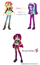 Size: 784x1268 | Tagged: safe, artist:prettycelestia, derpibooru import, aria blaze, sunset shimmer, boots, clothes, eyeshadow, four eyes, fusion, gem, gradient mane, high heel boots, image, jewelry, long pants, makeup, multiple arms, png, ponytails, ring, shoes, siren gem