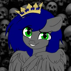 Size: 1280x1280 | Tagged: safe, artist:radioaxi, derpibooru import, edit, editor:solar eclipse, oc, oc:mb midnight breeze, pegasus, pony, blue mane, crown, folded wings, gray coat, green eyes, image, jewelry, looking at you, pegasus oc, png, regalia, royalty, smiling, smiling at you, solo, teeth, wings