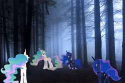 Size: 1600x1067 | Tagged: safe, derpibooru import, princess celestia, princess luna, alicorn, pony, butt, clone, crown, female, forest, hoof shoes, image, irl, jewelry, jpeg, mare, photo, plot, ponies in real life, red eyes, regalia, tree