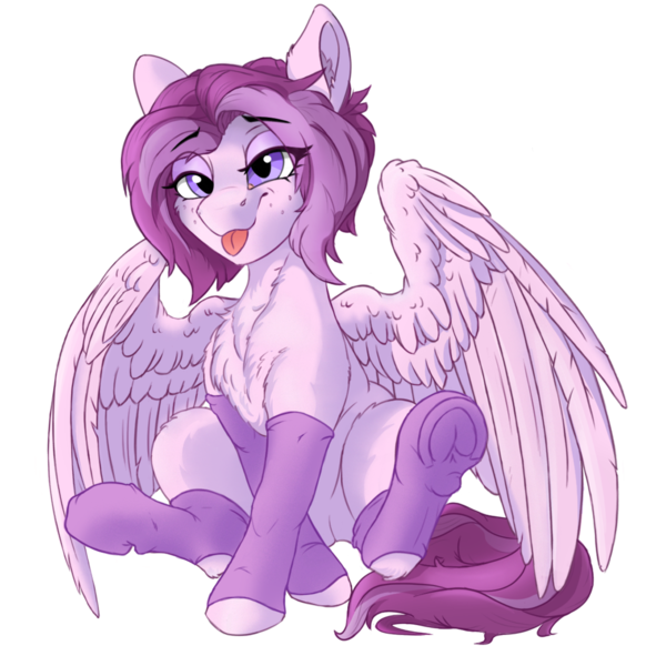 Size: 1400x1400 | Tagged: safe, artist:uberponya, derpibooru import, oc, oc:morny sparklet, unofficial characters only, pegasus, pony, derpibooru community collaboration, 2023 community collab, clothes, image, png, sitting, smiling, socks, solo, wings