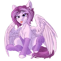 Size: 1400x1400 | Tagged: safe, artist:uberponya, derpibooru import, oc, oc:morny sparklet, unofficial characters only, pegasus, pony, derpibooru community collaboration, 2023 community collab, clothes, image, png, sitting, smiling, socks, solo, wings