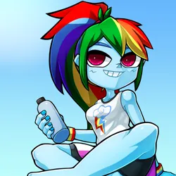 Size: 1720x1720 | Tagged: safe, artist:kyouman1010, derpibooru import, rainbow dash, human, equestria girls, bare shoulders, blue background, bottle, clothes, cutie mark, cutie mark on clothes, female, gradient background, image, jpeg, simple background, sitting, smiling, solo, tomboy