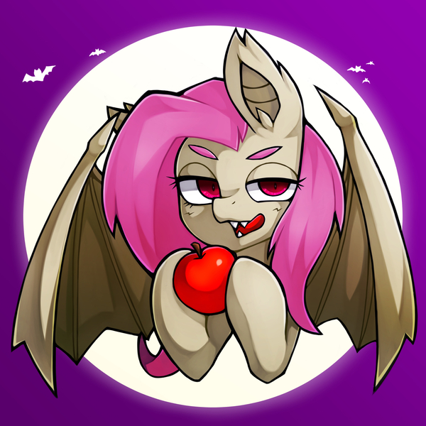 Size: 1543x1543 | Tagged: safe, artist:kyouman1010, derpibooru import, fluttershy, bat, bat pony, pony, apple, bat ponified, bat wings, female, flutterbat, food, image, jpeg, looking at you, mare, moon, open mouth, race swap, solo, wings