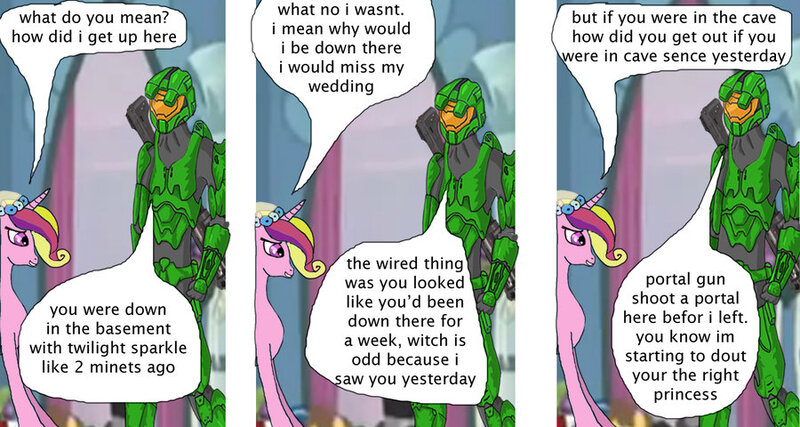 Size: 900x480 | Tagged: safe, artist:thet7770ify, princess cadance, pony, english text dialogue, halo (series), image, jpeg, master chief, speech bubble