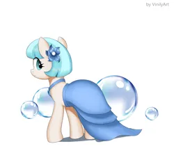 Size: 1744x1516 | Tagged: safe, artist:vinilyart, derpibooru import, coco pommel, earth pony, pony, blue dress, bubble, choker, clothes, cocobetes, cute, dress, eye clipping through hair, female, flower, flower in hair, image, looking back, mare, png, simple background, smiling, solo, white background