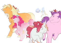 Size: 2480x1748 | Tagged: safe, artist:celeriven, derpibooru import, pinkie pie, prince blueblood, oc, oc:bright pink, oc:candy cane, pony, unicorn, image, magic, offspring, parent:pinkie pie, parent:prince blueblood, parents:bluepie, png, simple background, white background