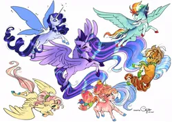 Size: 1057x756 | Tagged: safe, artist:cactiflowers, artist:cigarscigarettes, derpibooru import, applejack, fluttershy, pinkie pie, rainbow dash, rarity, twilight sparkle, twilight sparkle (alicorn), alicorn, pony, alternate design, glimmer wings, image, jpeg, mane six, simple background, socks (coat marking), twitterina design, white background, wings