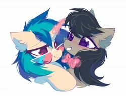 Size: 1338x1020 | Tagged: safe, artist:mirtash, derpibooru import, octavia melody, vinyl scratch, earth pony, pony, unicorn, blushing, bowtie, ear fluff, female, image, jpeg, lesbian, looking at each other, looking at someone, magic, mare, scratchtavia, shipping, simple background, smiling, sunglasses, white background