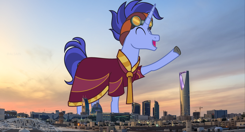 Size: 2048x1105 | Tagged: safe, artist:hendro107, artist:jaredking779, derpibooru import, hoo'far, pony, saddle arabian, unicorn, clothes, eyes closed, goggles, highrise ponies, image, irl, jpeg, macro, male, open mouth, photo, ponies in real life, raised hoof, riyadh, robes, saudi arabia, smiling, solo, stallion, story included