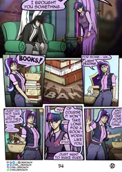 Size: 1000x1415 | Tagged: safe, artist:deroach, derpibooru import, starlight glimmer, twilight sparkle, twilight sparkle (alicorn), oc, oc:daylight, alicorn, human, comic:tales from equestria part 1, fanfic, book, bottle, clothes, comic, cutie mark, cutie mark on clothes, equestria project humanized, humanized, image, png, school of friendship, tinyface, winged humanization, wings