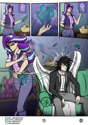 Size: 1500x2122 | Tagged: safe, artist:deroach, derpibooru import, starlight glimmer, oc, oc:daylight, human, comic:tales from equestria part 1, fanfic, bottle, clothes, comic, cutie mark, cutie mark on clothes, equestria project humanized, humanized, image, jacket, png, school of friendship, shattered glass, tinyface, winged humanization, wings