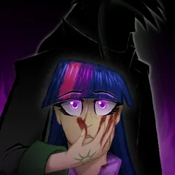 Size: 3000x3000 | Tagged: semi-grimdark, artist:deroach, derpibooru import, twilight sparkle, human, blood, blood on face, duo, equestria project humanized, glow, glowing eyes, humanized, image, png