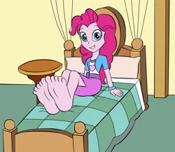 Size: 1699x1478 | Tagged: suggestive, artist:jerrydestrtoyer, derpibooru import, pinkie pie, human, equestria girls, barefoot, bed, clothes, cute, feet, fetish, foot fetish, foot focus, happy, image, jpeg, looking at you, sitting, smiling, soles, toes