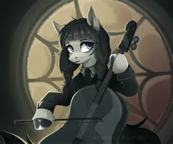 Size: 3543x2953 | Tagged: safe, artist:buvanybu, derpibooru import, octavia melody, earth pony, pony, bow (instrument), braid, cello, clothes, crossover, image, jpeg, musical instrument, solo, the addams family, wednesday addams