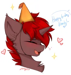 Size: 3500x3700 | Tagged: safe, artist:lunylin, derpibooru import, oc, oc:hardy, alicorn, pony, birthday, birthday gift, blushing, chest fluff, ear fluff, eyes closed, hat, image, male, party hat, png, smiling, solo, stallion