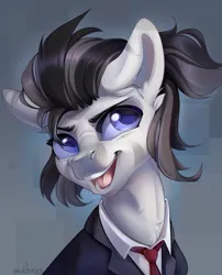 Size: 2200x2717 | Tagged: safe, artist:mithriss, derpibooru import, oc, unofficial characters only, pony, zebra, clothes, commission, costume, female, image, mare, necktie, open mouth, open smile, png, simple background, smiling, solo, suit, tuxedo