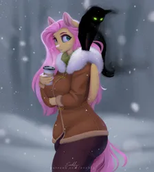 Size: 895x1000 | Tagged: safe, artist:evehly, derpibooru import, fluttershy, anthro, cat, pegasus, black cat, breasts, clothes, image, jpeg, nail polish, nails, sweater, sweatershy, walking