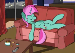 Size: 2000x1400 | Tagged: safe, alternate version, artist:amateur-draw, derpibooru import, oc, oc:belle boue, unofficial characters only, pony, unicorn, apartment, city, cityscape, couch, curtains, cutie mark, eyes closed, image, interior, lying down, microwave, night, png, relaxing, remote, snacks, solo