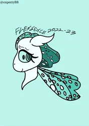 Size: 1536x2173 | Tagged: safe, artist:enperry88, derpibooru import, oc, oc:flensence, unofficial characters only, changedling, changeling, blue background, changeling oc, cyan background, cyan eyes, image, jpeg, kelpie eyes, little horn, looking at you, redesign, simple background, wings