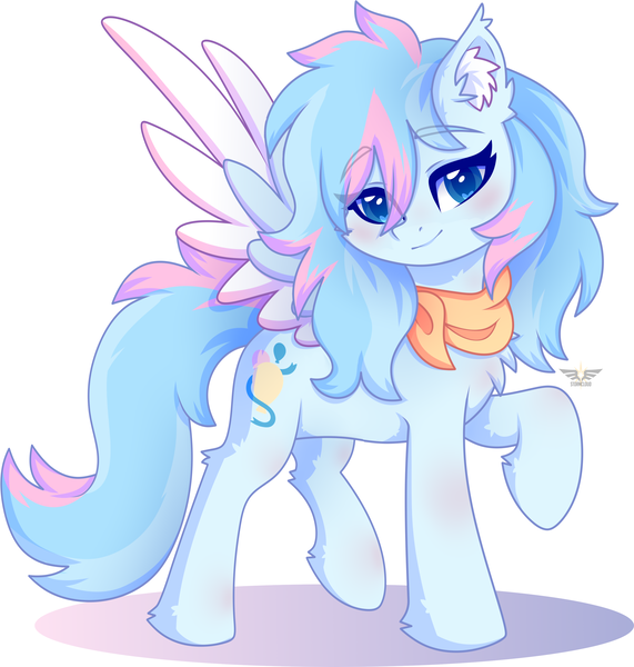 Size: 2945x3092 | Tagged: safe, artist:leah minik, derpibooru import, oc, oc:dove lilac, unofficial characters only, pegasus, pony, blue eyes, chest fluff, colored wings, cute, ear fluff, eye clipping through hair, eyebrows, eyebrows visible through hair, female, full body, heart, heart eyes, image, looking at you, mare, multicolored mane, multicolored tail, neckerchief, pegasus oc, png, raised hoof, simple background, smiling, smiling at you, solo, spread wings, tail, two toned wings, white background, wingding eyes, wings